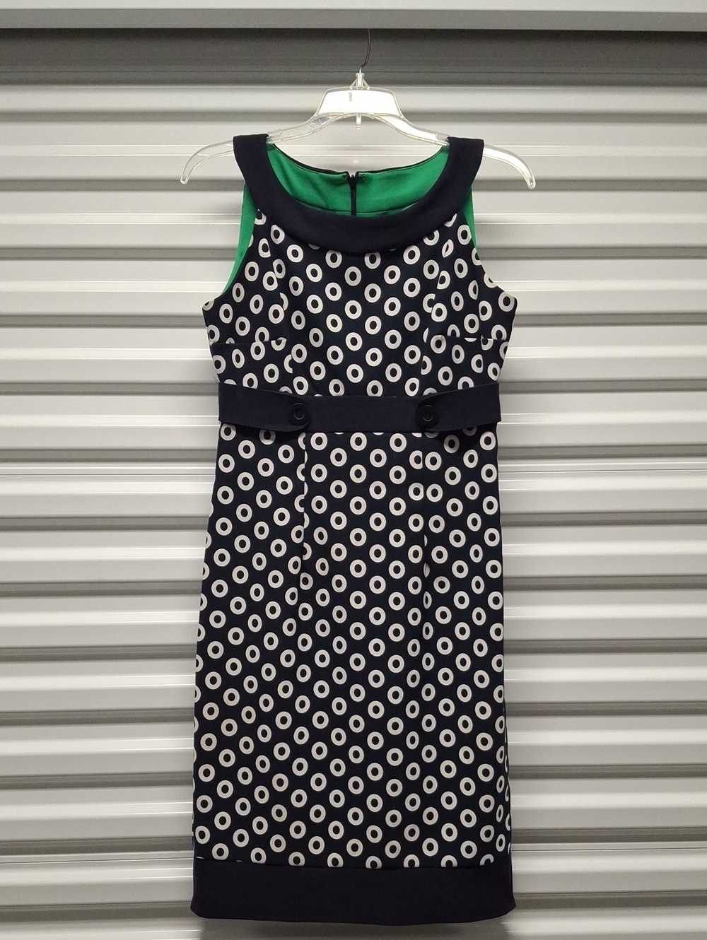 London Times Black and White Polka Dot Sheath Dress with Green Lining